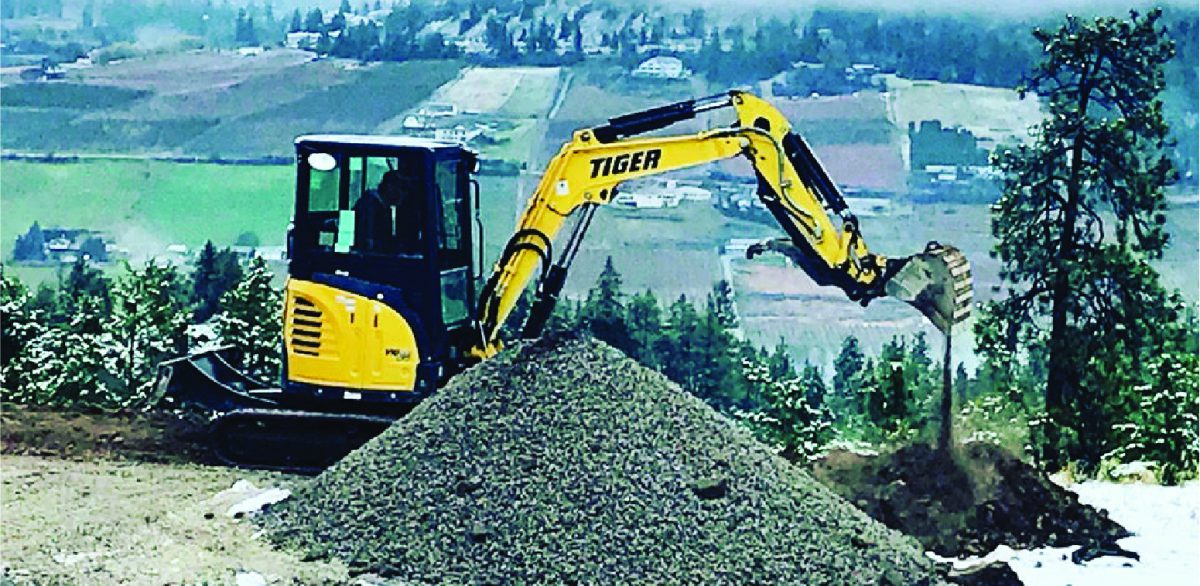 Excavator on edge of home with lake in far background